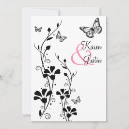 Schwarz-Weiß-Floral mit Schmetterlingen auf Leinen Einladung