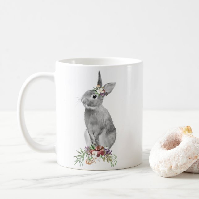 Schwarz Weiß Floral Osterhase Kaffeetasse (Mit Donut)