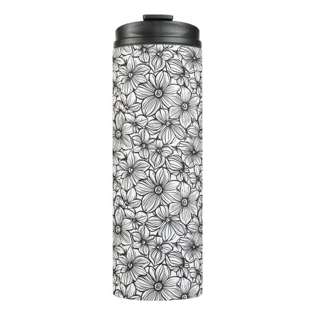 Schwarz Weiß Floral Thermosbecher (Vorderseite)