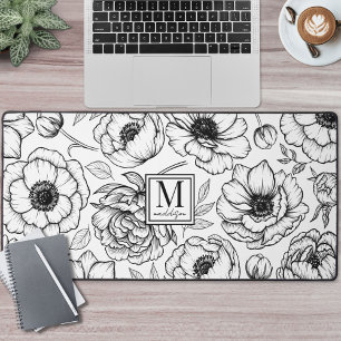 Schwarz Weiß Florales Monogramm Schreibtischunterlage