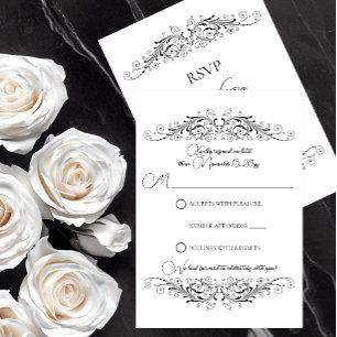 Schwarz-Weiß-Flourish-Eleganz-Antwort RSVP Karte