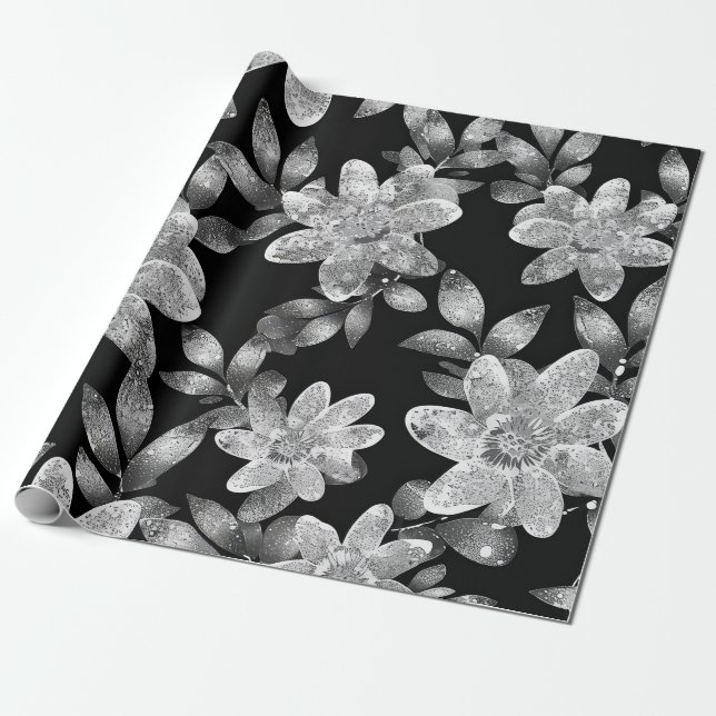 Schwarz-Weiß-FLowered Geschenkpapier (Ungerollt)