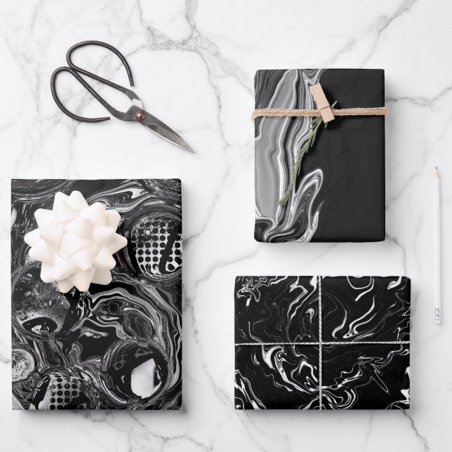 Schwarz-Weiß-Fluid-Kunst Moderne Abstrakt Geschenkpapier Set (Vorderseite)