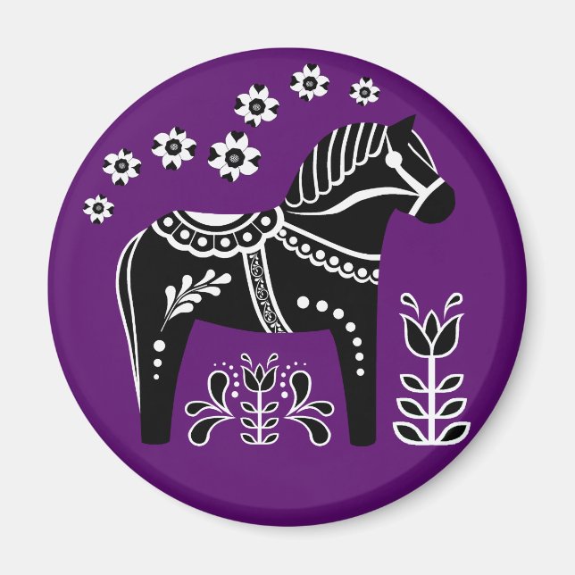 Schwarz/Weiß Folk Dala Pferd/Folk Friesian Magnet (Vorne)
