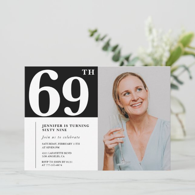 Schwarz-Weiß-Foto 69. Geburtstag Einladungen (Stehend Vorderseite)