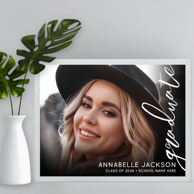 Schwarz Weiß Foto Abschlussfeier Schild (Black White Photo Graduation Party Sign)