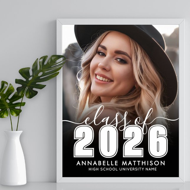 Schwarz Weiß Foto Abschlussfeier Schild (Black White Photo Graduation Party Sign)