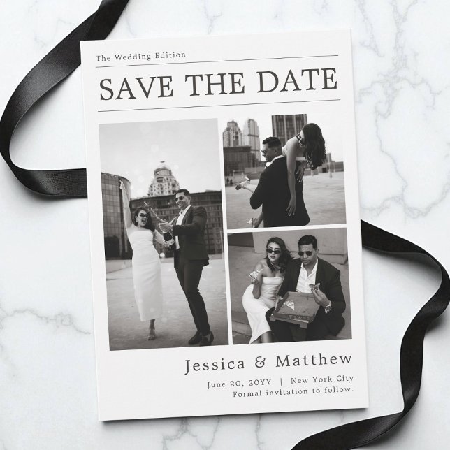 Schwarz-Weiß-Foto-Collage Zeitungs-Hochzeit Save The Date (Black and White Photo Collage Newspaper Wedding Save The Date)