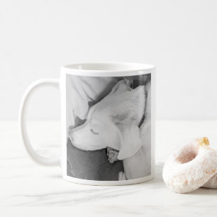 Schwarz-Weiß-Foto eines schönen weißen Hundes beim Kaffeetasse