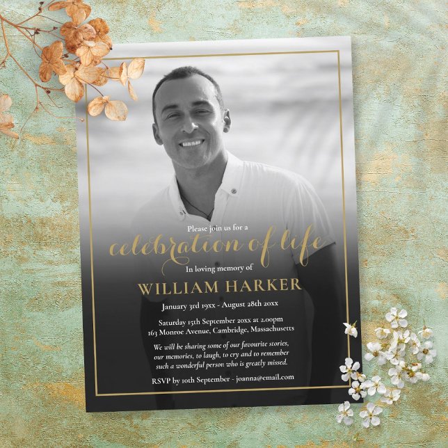 Schwarz-Weiß-Foto-Feier zur Beerdigung des Lebens Ankündigungspostkarte (Von Creator hochgeladen)