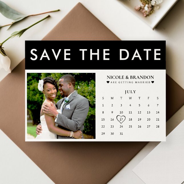Schwarz-Weiß-Foto-Hochzeit Save The Date (Black & White Photo Calendar Wedding Save The Date)