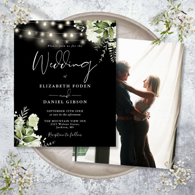 Schwarz-Weiß-Foto-Hochzeitsempfang (Budget Black And White Floral Photo Wedding Invite)