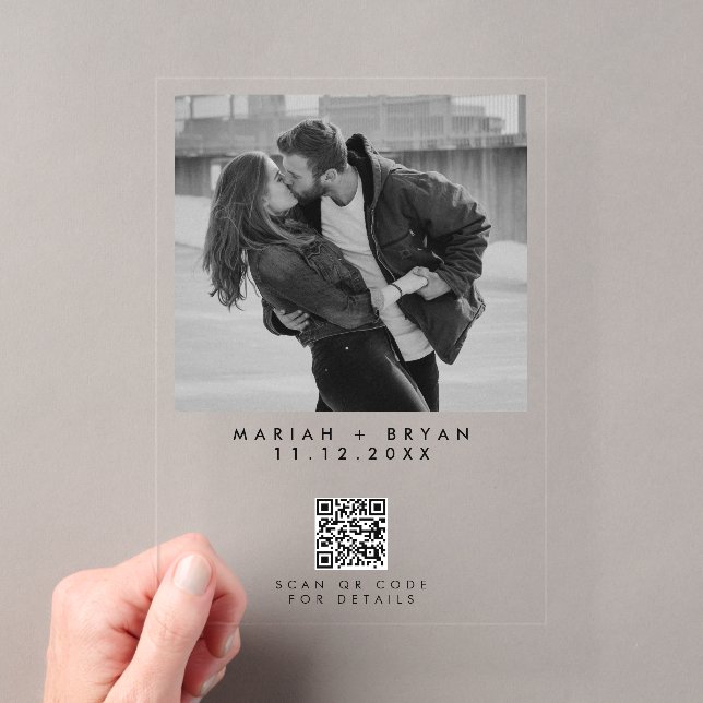 Schwarz-Weiß-Foto-QR-Code Moderne Hochzeit Acryleinladungen (Insitu (Handheld))