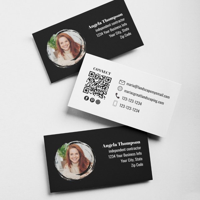 Schwarz-Weiß-Foto-QR-Code Verbinde dich mit mir Visitenkarte (Black and white photo and QR code business cards. )