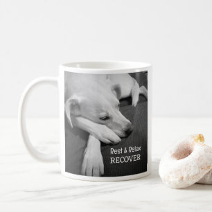 Schwarz-Weiß-Foto von süßem Hund beim Schlafen. Gu Kaffeetasse