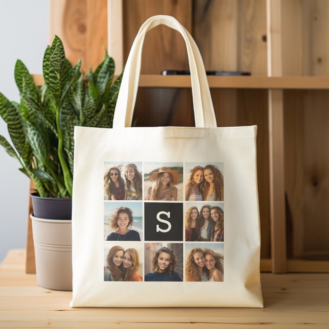 Schwarz-Weiß-FotoCollage - kundenspezifisches Mono Tragetasche (Personalized tote bag - photo collage and monogram)