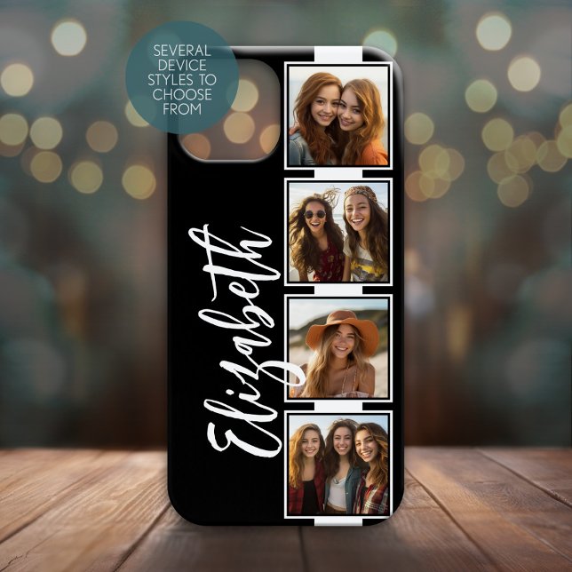 Schwarz-Weiß-Fotocollage-Quadrate Filmstreifen Case-Mate iPhone Hülle (Personalized Phone Case with 4 Photos and Custom Text - Choose Your Device Style)