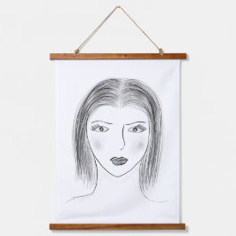 Schwarz-Weiß-Frau-Gesichtsskizze für Galerie-Wand Wandteppich Mit Holzrahmen