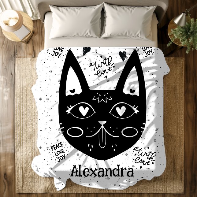 Schwarz-Weiß-Friede, Liebe, Freude an der Mama der Fleecedecke (Black and White Peace, Love, Joy Custom Cat Mom Fleece Blanket)