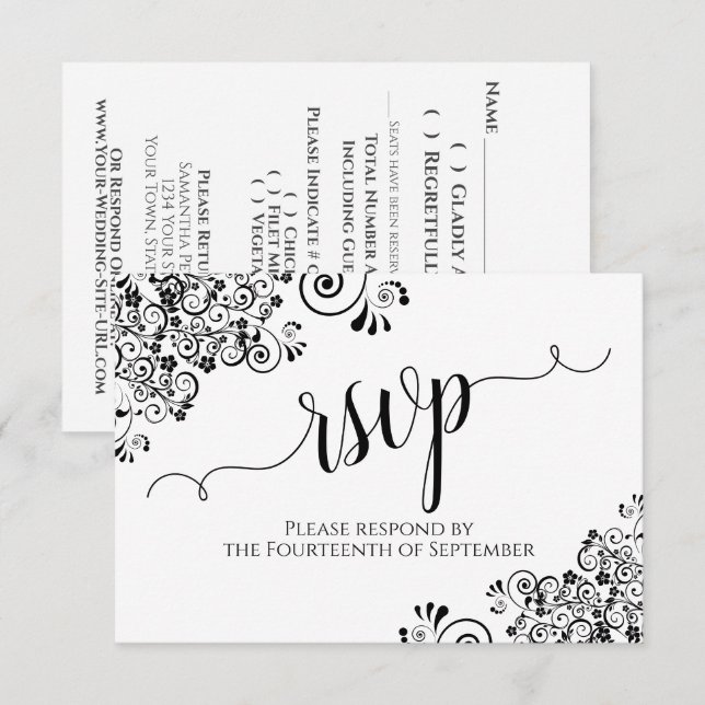 Schwarz & Weiß Frilly Elegante Calligrafy Wedding RSVP Karte (Vorne/Hinten)