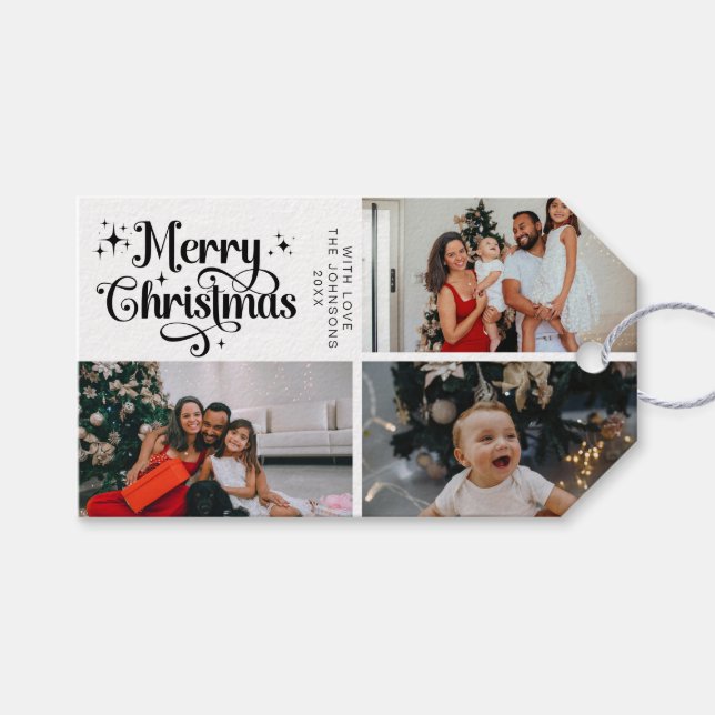 Schwarz-weiß frohe Weihnachtsfamilienfoto Collage Geschenkanhänger (Vorderseite (Horizontal))