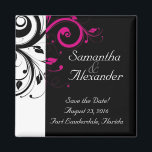 Schwarz, Weiß, Fuchsia Reverse Swirl Wedding Magne Magnet<br><div class="desc">Fett und auffallend moderne schwarze Gastgeschenk Hochzeit oder speichern Sie die Dattelmagnete mit weißer und fuchsienfarbener/magenta Akzente,  mit zartem,  wirlem Blätterhintergrund. Passen Sie Ihre Hochzeitsdetails online an.</div>