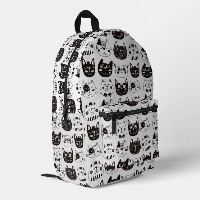 Schwarz-Weiß-Funny Cat Faces Muster Bedruckter Rucksack (Rückseitige Ecke links)