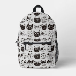 Schwarz-Weiß-Funny Cat Faces Muster Bedruckter Rucksack