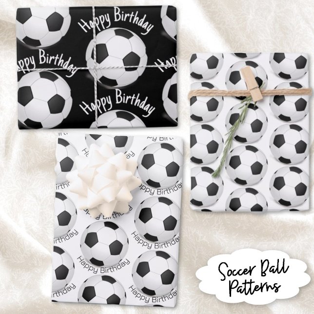 Schwarz-Weiß-Fußball-Muster für das Party eines Ki Geschenkpapier Set (Three sheets of black and white soccer ball patterns. Two with template text for any occasion.)
