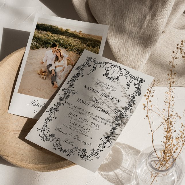 Schwarz-Weiß-Garten-Wald-Monogramm-Hochzeit Einladung (Von Creator hochgeladen)