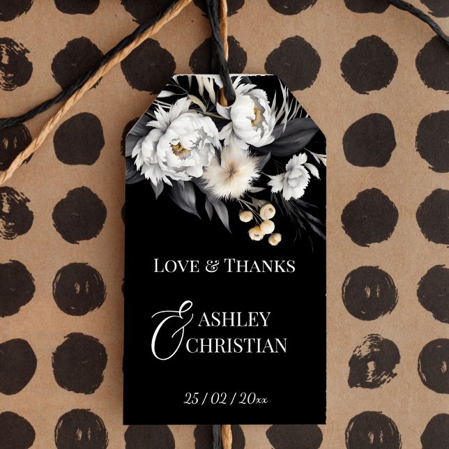 Schwarz-Weiß-Gastgeschenk Hochzeit Geschenkanhänger (Black and white elegant boho wedding favor gift tags black favor tags white peonies)