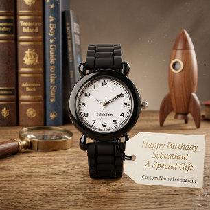 Schwarz Weiß Geburtstag Benutzerdefinierter Name J Armbanduhr
