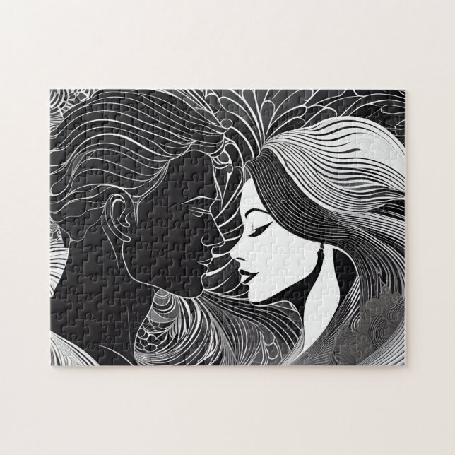 Schwarz-Weiß-Geheimkuss der Liebe Puzzle (Horizontal)