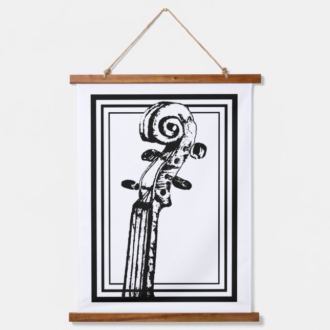 Schwarz-Weiß-Geige-Rollen mit schwarzen Konturen Wandteppich Mit Holzrahmen (Vorderseite)