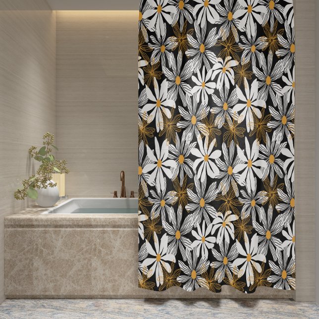 Schwarz, Weiß, Gelb Elegant Daisy Abstrakt Duschvorhang (Black, White, Yellow Elegant Daisy Floral Abstract Shower Curtain)