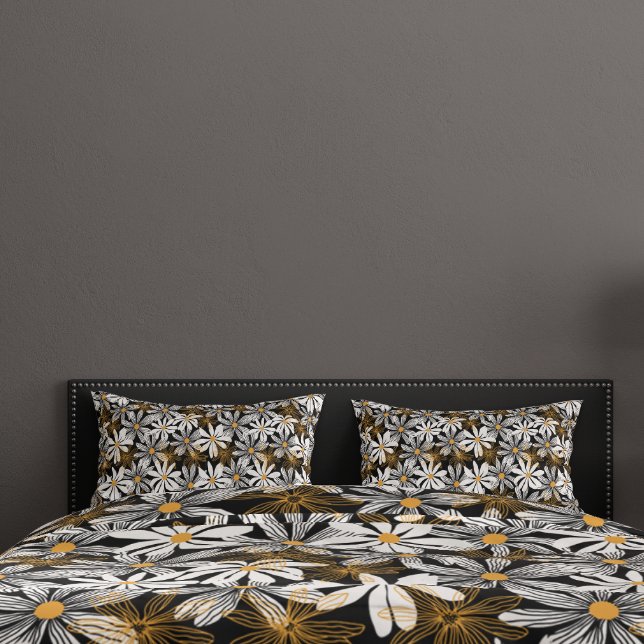 Schwarz, Weiß, Gelb Elegant Daisy Abstrakt Kissenbezug (Black, White, Yellow Elegant Daisy Floral Abstract Pillow Case)