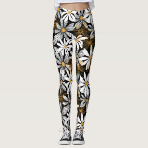 Schwarz, Weiß, Gelb Elegant Daisy Abstrakt Leggings