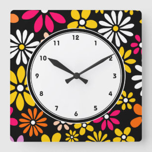 Schwarz weiß gelb und rosa Blumenmuster Quadratische Wanduhr