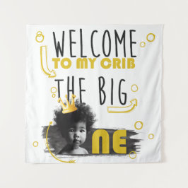 Schwarz-weiß Gelbes Foto zum ersten Geburtstag Wandteppich