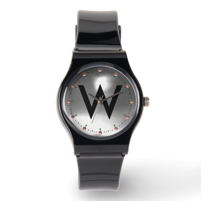 SCHWARZ-WEISS GEMSTONMONOGRAMM ARMBANDUHR (Vorderseite)