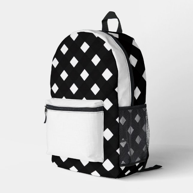 Schwarz-weiß gemusterter Rucksack   (Rückseitige Ecke Rechts)