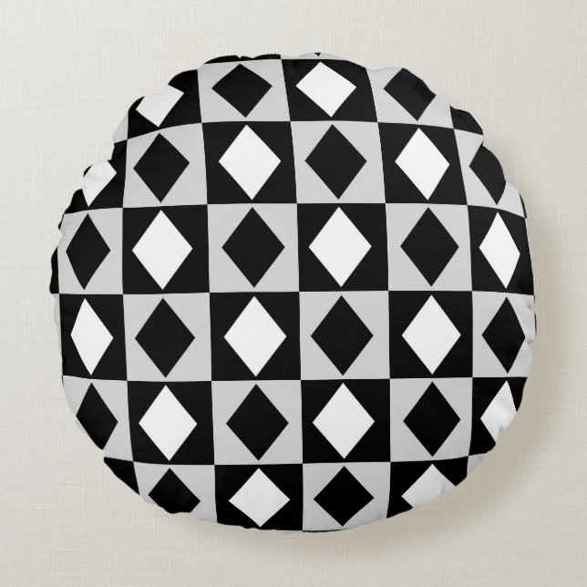 Schwarz-weiß Geometric Rhombus Diamond Rundes Kissen (Vorderseite)