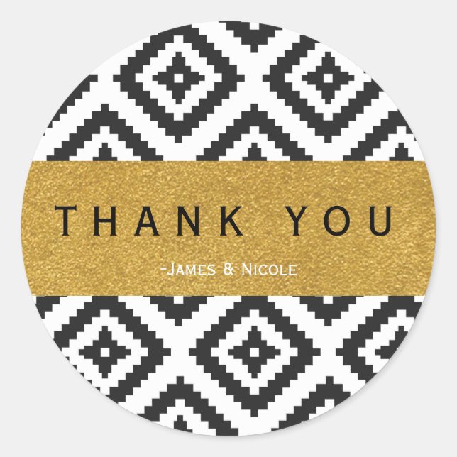 Schwarz-Weiß-Geometrie-Muster und Gold-Aufkleber Runder Aufkleber (Vorderseite)
