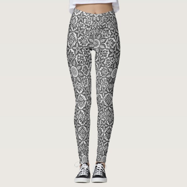 Schwarz-Weiß-Geometrie und Blumendesign Leggings (Vorderseite)
