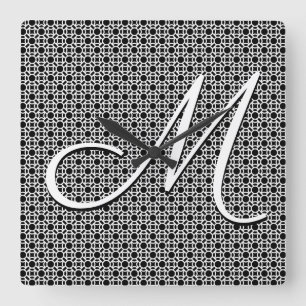 Schwarz-weiß geometrisches Anfangsmonogramm Quadratische Wanduhr
