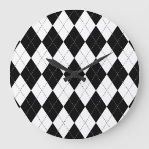 Schwarz-weiß geometrisches Argyle-Muster Große Wanduhr