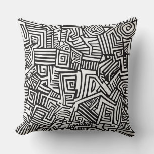 Schwarz-weiß geometrisches Labyrinth Abstract Line Kissen