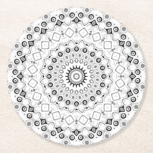Schwarz-Weiß geometrisches Mandala-Muster Runder Pappuntersetzer