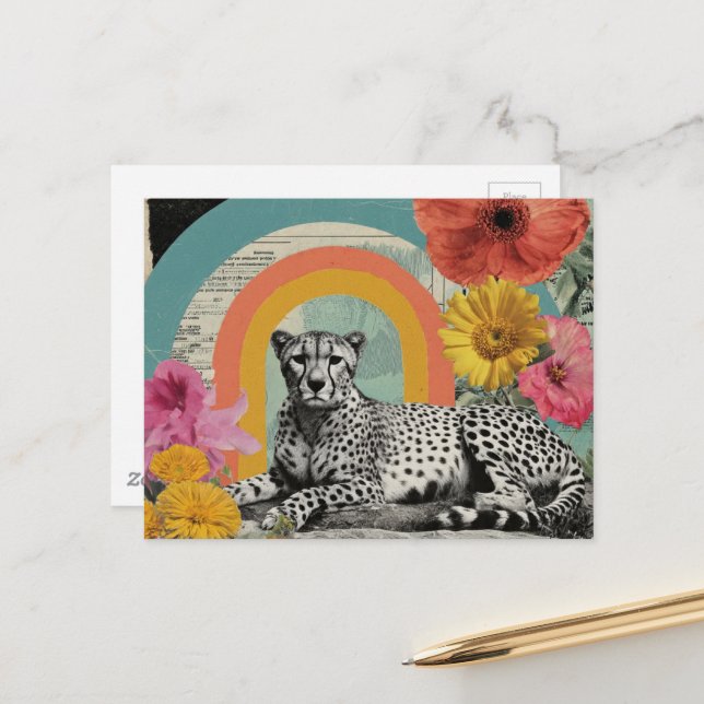 Schwarz-weiß Gepard Collage Postkarte (Vorderseite/Rückseite Beispiel)