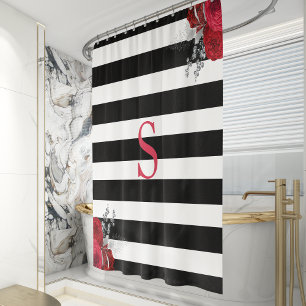 Schwarz Weiß Gestreift Rot Silber Blumen Monogramm Duschvorhang